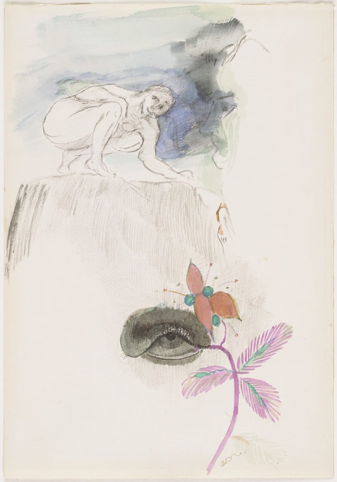 Un dibujo en acuarela: un ojo dormido junto a una flor rosa con tallo lila, bajo una figura agachada en un cielo azul.